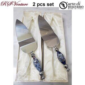 2 Murano Art Blue and White Cake Server